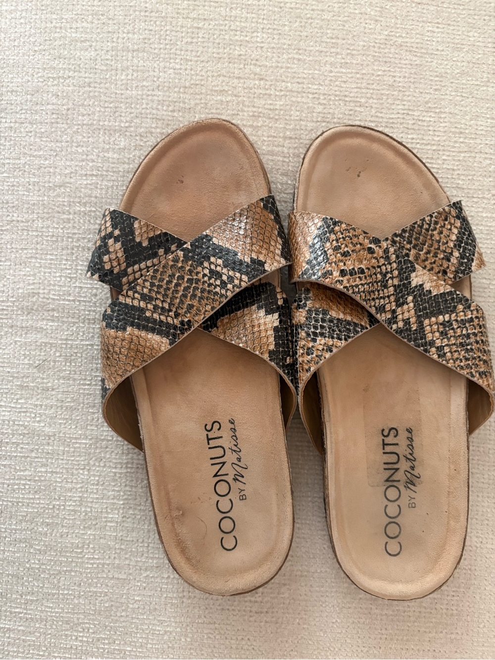 Coconuts by Matisse Snake-Print Cross Strap Slide Sandals in Tan and Black